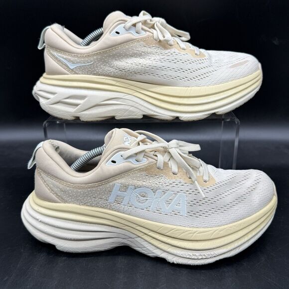 Hoka One One Bondi 8 Women’s Running Shoes 7B Shifting Sand Eggnog Ivory White - Picture 1 of 8